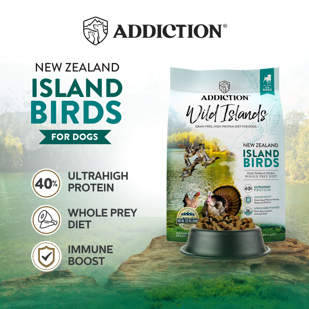 SALE -- 10% OFF 1.8KG OR 20% OFF 9 KG -- Addiction Wild Islands Island Birds New Zealand Duck Turkey and Chicken Dry Dog Food