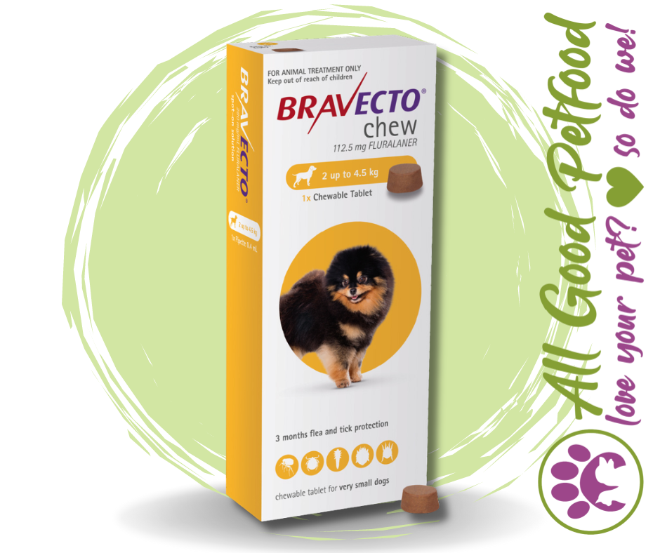 Bravecto Chewable Tablets 112.5mg XSmall Dog 2kg 4.5kg All Good Petfood