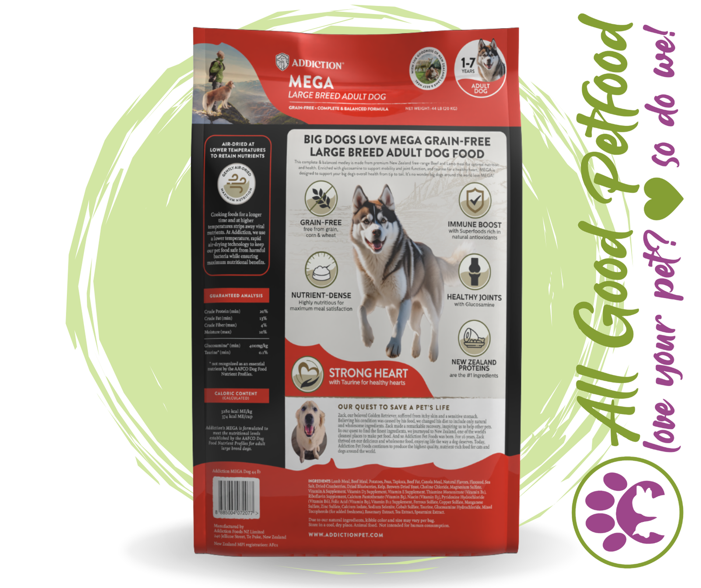 SAVE 19% - Addiction Mega 20KG BEST PRICED Complete and Balanced Lamb & Beef Dog Food - $8.49 per kg