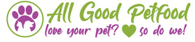 All Good Pet Food logo with playful illustration of a cat and dog inside a paw print with a green and purple colour scheme.
