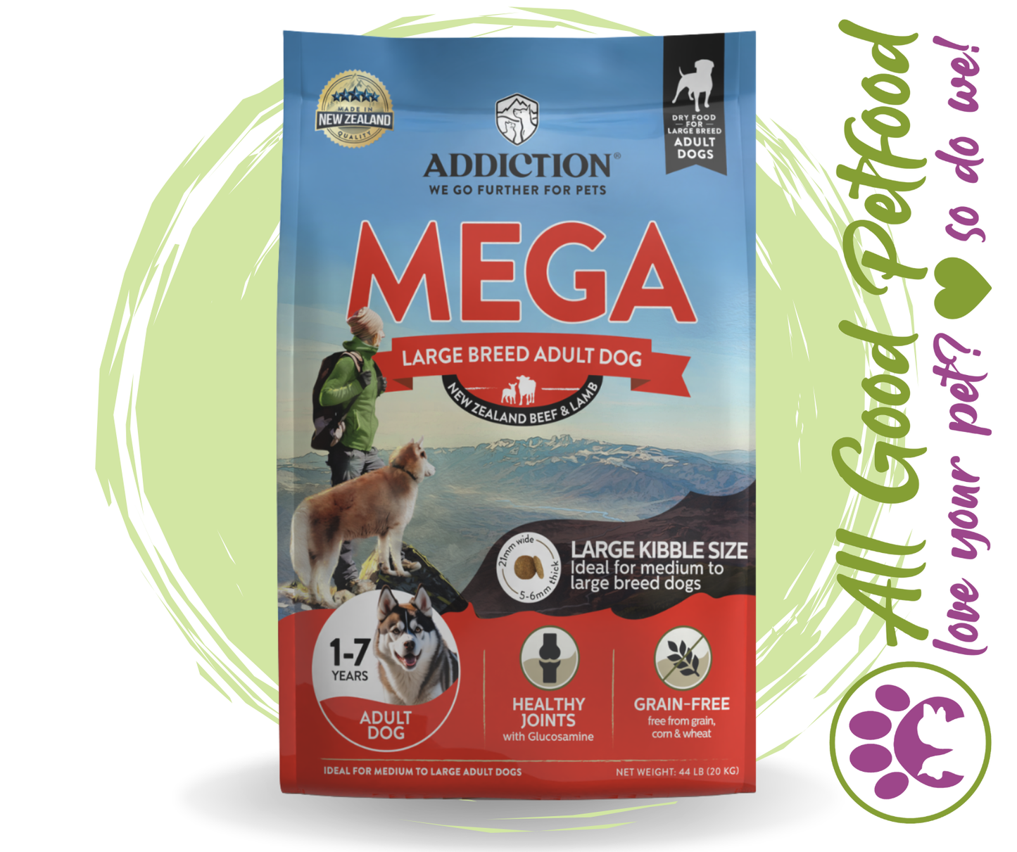 SAVE 19% - Addiction Mega 20KG BEST PRICED Complete and Balanced Lamb & Beef Dog Food - $8.49 per kg